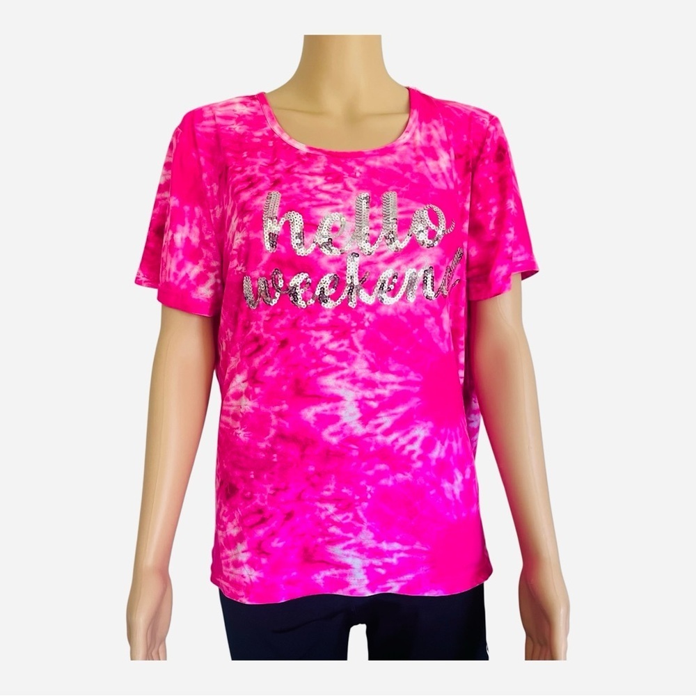 Bobbie Brooks hot pink short sleeve Tie-Dye Tee sleepwear L sequin Hello Weekend